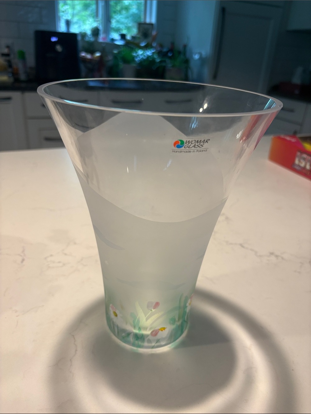 Womar Glass Frosted Floral Vase made in Poland - Clear/Green/Pink 9.5”